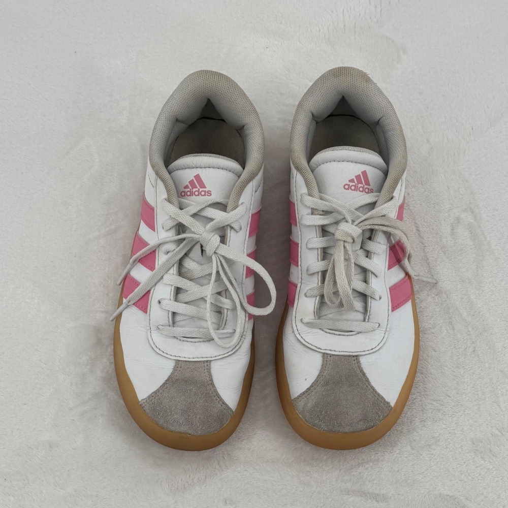 Adidas Youth VL Court 3.0 Shoes Size 3.5 White, Pink & Gum 3 Stripes Sneakers